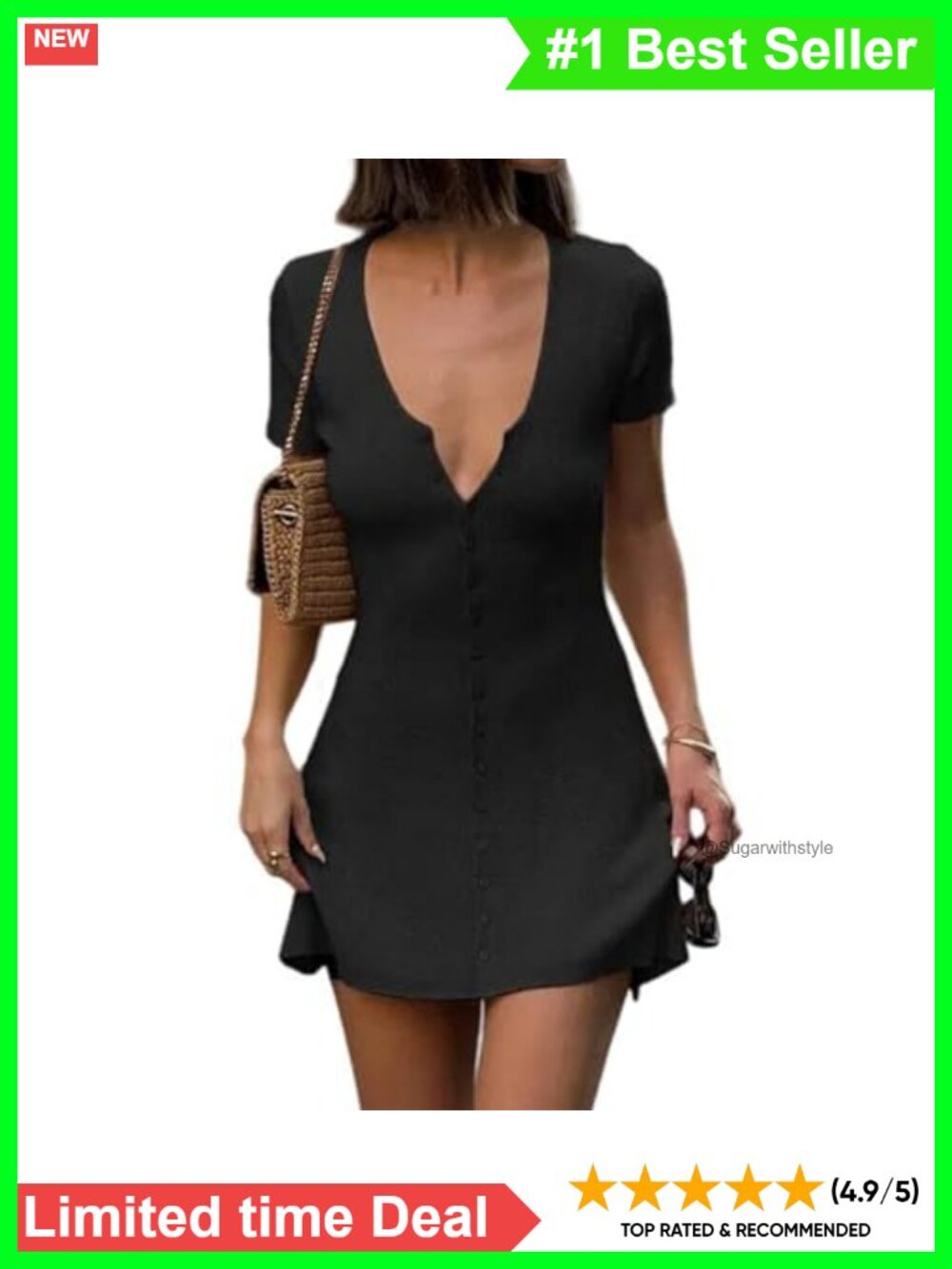Women Deep V Neck Button Front Ribbed Knit Mini Dress Short Sleeve A-Line